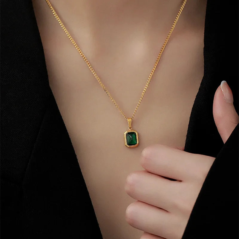 Retro Square Green Zircon Pendant Necklace For Women Titanium Steel Necklace Girls Wedding Engagement Jewelry