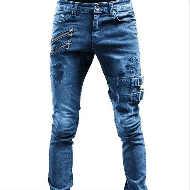 Men High Waist Fashion Jean Spring Summer Boyfriend Motorcycle Street Wear Skinny Casual Denim Pants Jeans Straight Trousers