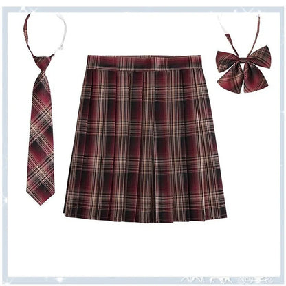 Women Plaid Pleat Skirt With Necktie Bowtie