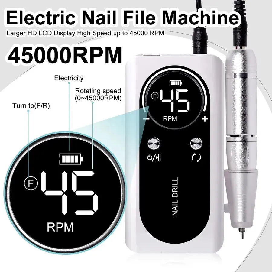 Professional 45000RPM Electric Portable Nail Drill Machine Rechargeable