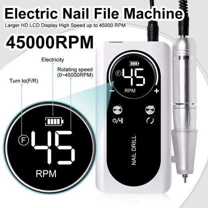 Professional 45000RPM Electric Portable Nail Drill Machine Rechargeable