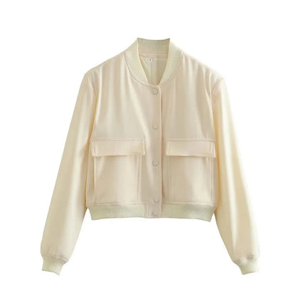 TRAF 2023 Woman Bomber Jacket White Autumn Winter Button Cropped Jackets for Women Fashion Long Sleeve Crop Outerwear