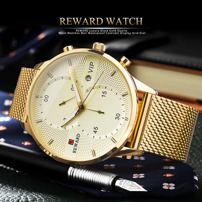 REWARD Classic Gold Wrist Watches For Top Brand Luxury Business Date Waterproof Luminous Stainless Steel Men Quartz Wristwatch