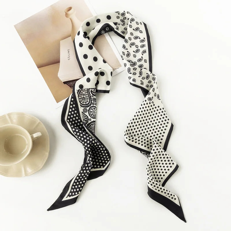 2023 New Fashion Satin Silk Hair Ribbon Scarf for Women Floral Print Skinny Scrunchies Hairbands Neckerchief Wrist Wrap Neck Tie