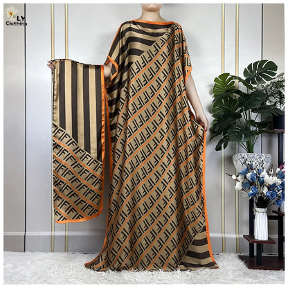 Muslim Abayas For Women 2023 New Fashion Printed Silk Soft Loose Femme Elegant Robe African Maxi Party Dresses With Belt Turban