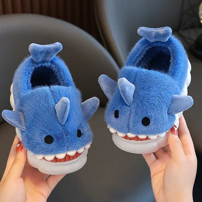 Winter Heel Wrap Cotton Children's Slippers Cute Cartoon Shark Non-slip Soft Sole Kids Boys Girls Junior Warm Plush Home Shoes