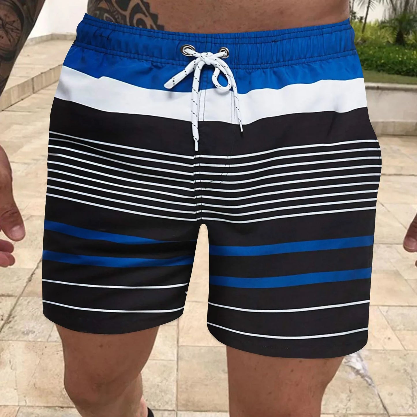 Men's board shorts Fashion striped print color contrast Swim shorts Classic drawstring swim shorts Summer surf swim suit