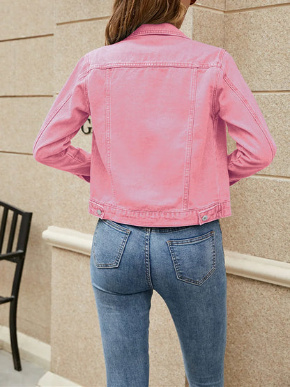 Women Denim Jacket Solid Color Black Blue Yellow Pink Red Casual Long Sleeve Button Down Chest Pocket Jean Jacket