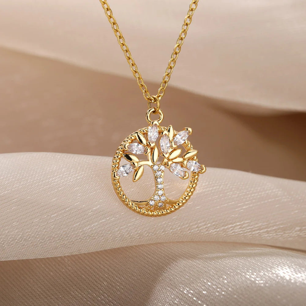 Zircon Tree of Life Necklace for Women Stainless Steel Chain Collar Choker Pendants Necklaces 2024 Trend Aesthetic Jewelry mujer