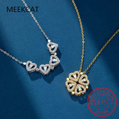 Heart Shaped Four Leaf Clover Pendant Necklace 925 Silver Jewelry Zircon Women Love Clavicle Chain Gifts Openable Choker Jewelry