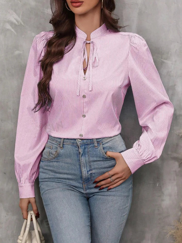 Women V-Neck Button Down Long Sleeve Top Solid Color Striped Shirt Office Lady Work Clothes