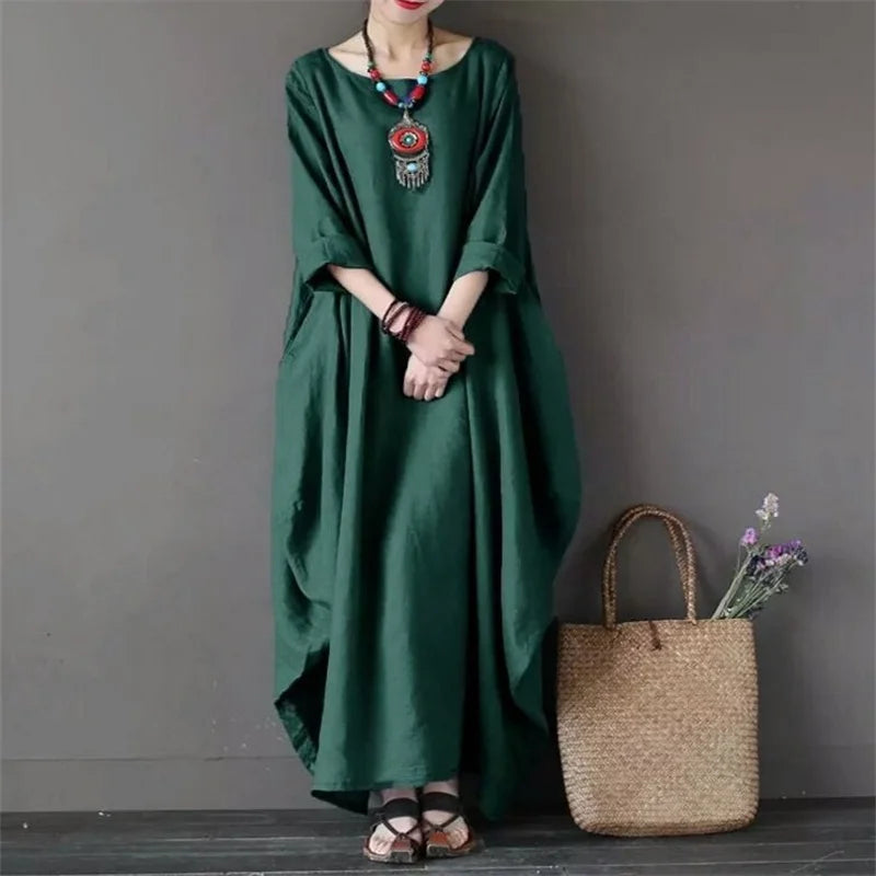 New Loose Size  Mid-Sleeve Cotton And Linen Long Dress