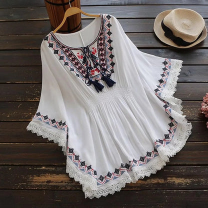 Women Shirts Summer Retro Boho Style Embroidery Blouses Cloak Top Loose Cotton Lace Hem Bat sleeve Kimono Shirt Blusa Feminina