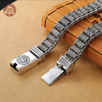 Retro Style Men Bracelet Simple and Generous Silver Bracelet Woven Six-Character Mantra Bracelet 925Silver Chain Jewelry