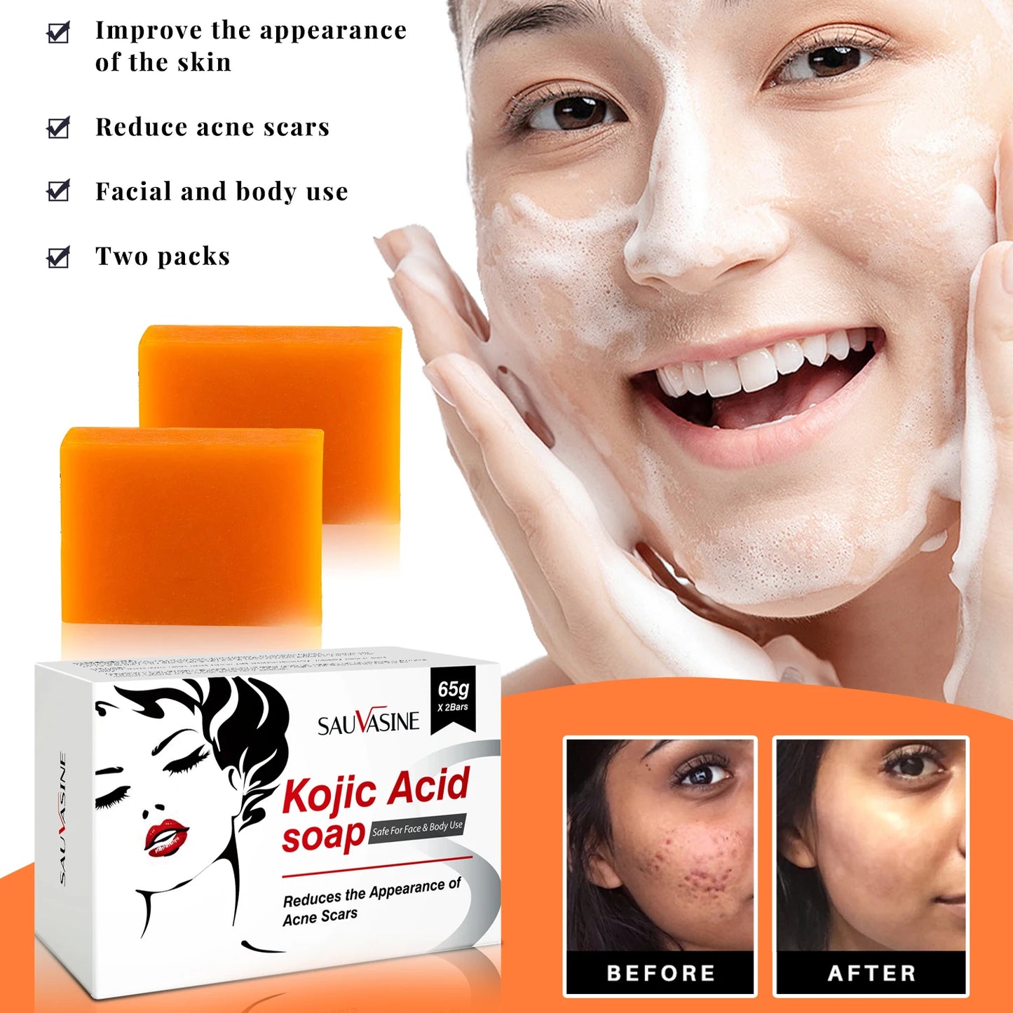 Kojic Acid Glow Soap Facial Deep Cleaning Even Skin Tone Skin Lightening Soap Oil Control Moisturizing Skin Care 65g x2