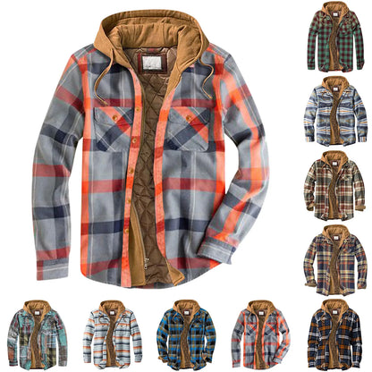 Men Coat Quilted Lined Button Down Plaid Shirt