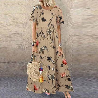 Stand-alone Women's Retro Floral Print Short-sleeved Round-neck Dress