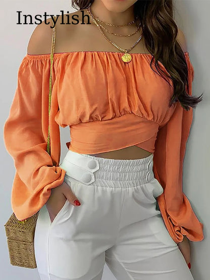 Women Sexy Off Shoulder Printing Blouses Chic and Elegant Lantern Long Sleeve Lace Up Bow Cropped Tops Casual Slim Shirts 2023