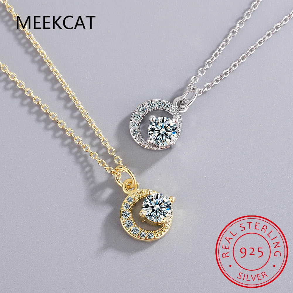 100% S925 Sterling Silver Moissanite Necklace Women Small Fresh Round Shape Diamond Personality Moon Clavicle Pendant