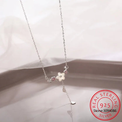 100% Real 925 Sterling Silver Cherry Flower Shell Long Tassel Necklace for Women Sweet Heart Pendant Clavicle Chain Necklace