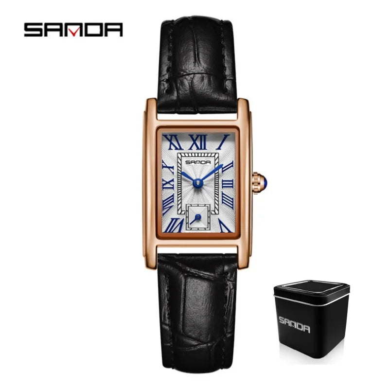 SANDA 1116 Quartz Watch Women Elegant Design Watches Rectangle Dial Waterproof Steel Leather Business Ladies Wristwatches Gift