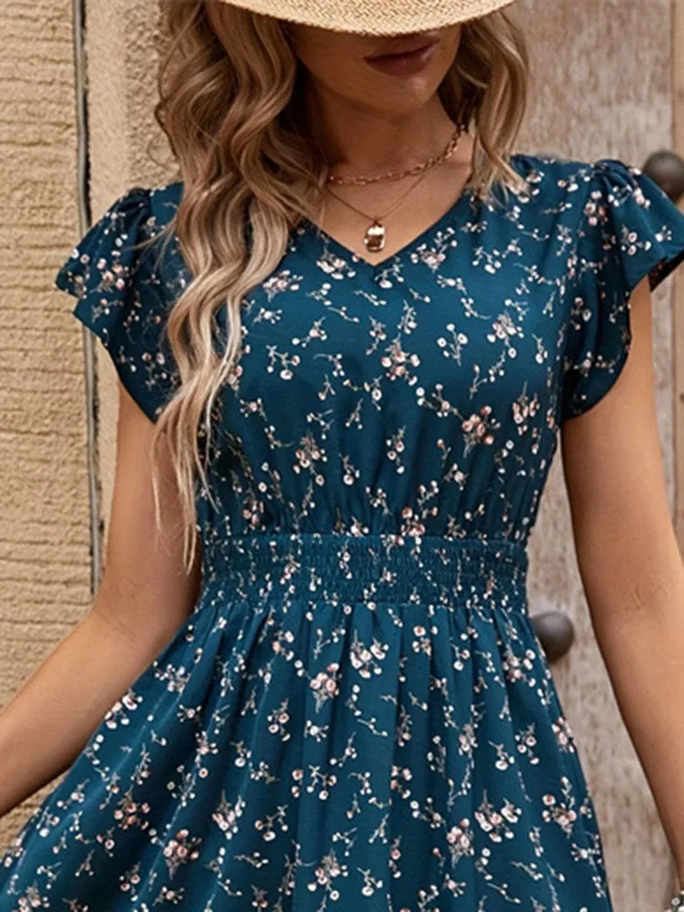 Women's Boho Dress 2024 New Elegant Floral Long Skirt  Beach Vacation V-neck Back Waist Elastic Short Sleeve Dresses For Women