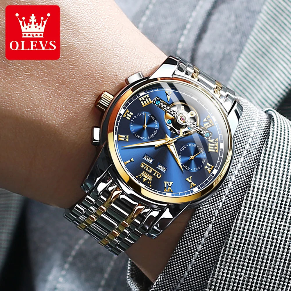 OLEVS Automatic Mechanical Watch for Men Date Calendar Skeleton Wristwatch Stainless Steel Classic Men's Watch Reloj Hombre 6607