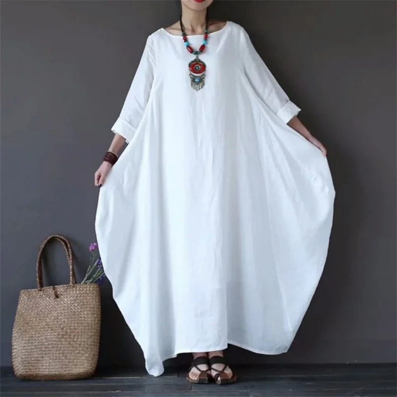 New Loose Size  Mid-Sleeve Cotton And Linen Long Dress