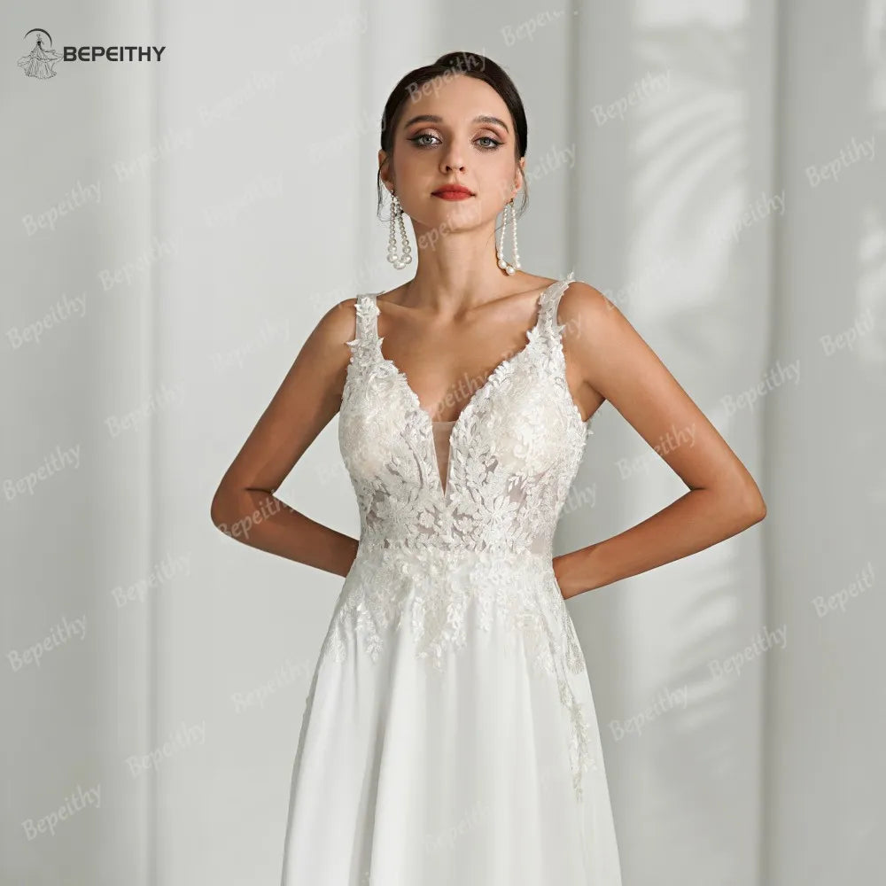 BEPEITHY Customized Ivory Beach Wedding Dresses For Bride Women Chiffon Boho Open Back Sexy Bridal Gown Vestidos De Novia New