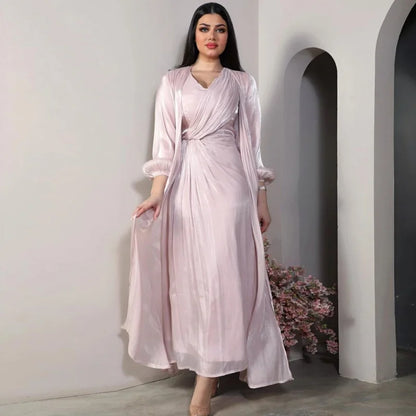 Muslim Women Clothes Silk Satin Eid Ramadan Abaya 2 Piece Set Kaftan Kebaya Moroccan Abayas Dubai Luxury Islamic Caftan Femme