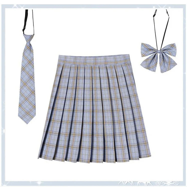 Women Plaid Pleat Skirt With Necktie Bowtie