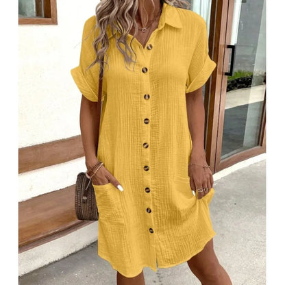 Summer Turn Down Collar Button Up Dress For Women Casual Loose Short Sleeve Pocket Splicing Solid Color Dresses Femme Robe