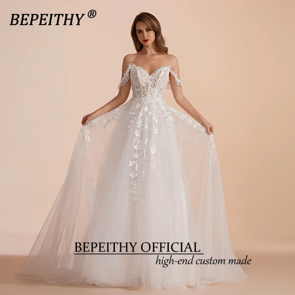 BEPEITHY Customized A Line Sweetheart Bride Wedding Party Dresses 2025 Sleeveless Sweep Off Shoulder Lace Ivory Bridal Gown