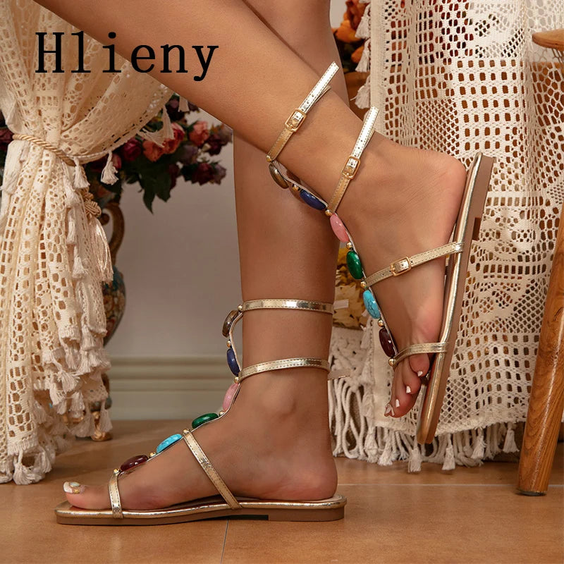 Hlieny Roma Gladiator Flats Heels Womans Sandals 2024 Summer Beach Fashion Open Toe Buckle Strap Casual Shoes Golden