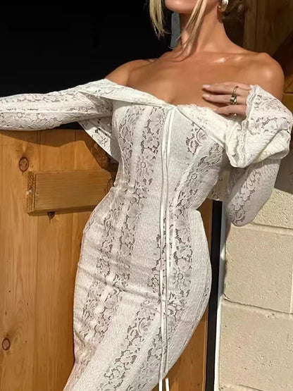 Mozision Floral Lace Off-shoulder Maxi Dress For Women White Strapless Backless Long Sleeve Bodycon Club Party Sexy Long Dress