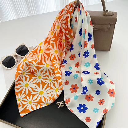 2023 New 70x70cm Women Multifunction Polyester Silk Head Scarf Daisy Flower Prints Casual Small Square Wraps Scarves Shawls