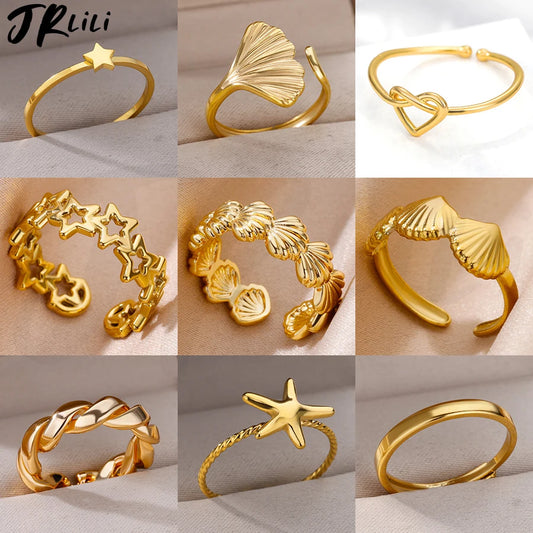 Shell Rings For Woman Stainless Steel Gold Color 2024 New Adjustable Wedding Ring Boho Summer Beach Jewelry Gift anillos mujer