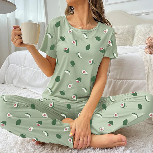 Womens Pajamas Sleepwear Set Soft Comfortable Short Sleeve Tops With Long Pants Pajama 2 Pieces Lingerie Women Home Clothes Suit