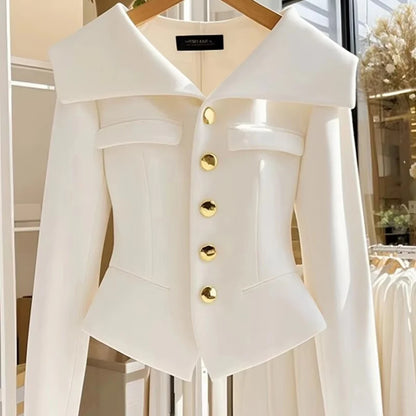 2025 Autumn Women's White Coat Waist Long Sleeve Slim Chic Short Outwear High-End Solid Color Top Clothing Office Jackets Ladies