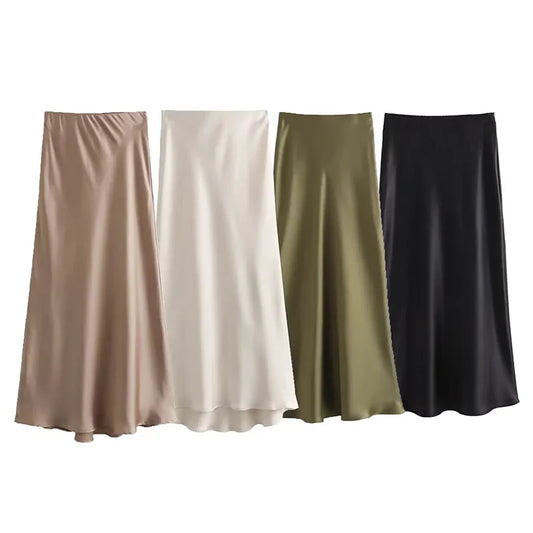 ASDS 2024 Y2K Casual Women Long Skirt Spring Elastic High Waisted A-Line Casual Female Satin Skirts High Street Lady Skirts