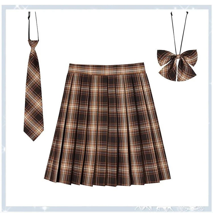 Women Plaid Pleat Skirt With Necktie Bowtie