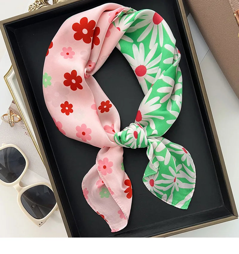 2023 New 70x70cm Women Multifunction Polyester Silk Head Scarf Daisy Flower Prints Casual Small Square Wraps Scarves Shawls