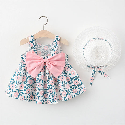 2-Piece Baby Suspender Dress+Sun Hat Girl'S Leaf Print Bow Sleeveless Cotton Beach Skirt Children'S Aesthetic Daily Clothes