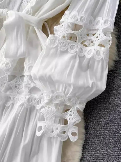 Summer Autumn Elegant Embroidery Cotton Dresses Women's Long Lantern Sleeve Single Breasted Lace Up Party Muslim Dresses Shirt