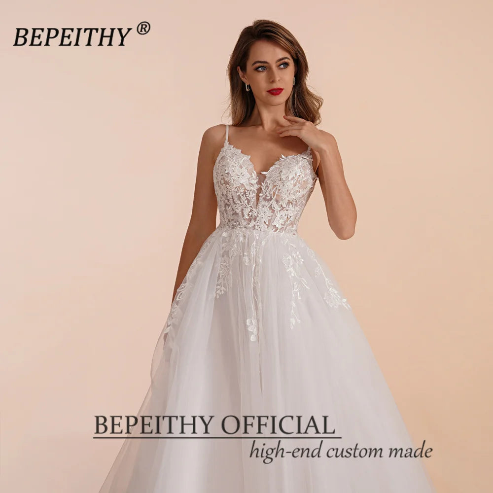 BEPEITHY Customized Boho Ivory A Line Lace Wedding Dresses For Bride Women 2023 Floor Length Sexy Garden White Bridal Gown New