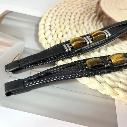 Tiger Eye Black Leather Bracelet