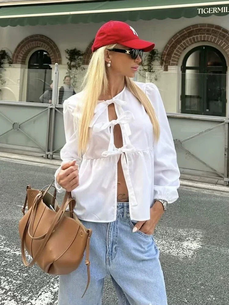 Vintage Women Puff Sleeve Loose Shirts 2024 Fashion Ladies Sweet Bow Buttons Blouses for Female Ruffles Tops Chic Clothes