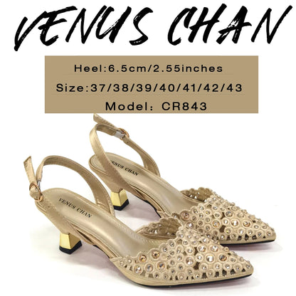 Venus Chan 2024 Latest High Heel Gold Color Atmospheric Luxury Pattern With Rhinestones Party Ladies Shoes And Bag Set