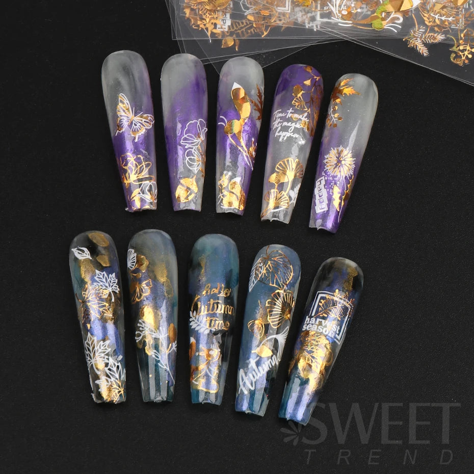 3D Autumn Maple Leaf Nail Stickers White Gold Feather Letter Squirrel Holographic Sliders Anime Design Manicure Decoration JICJ