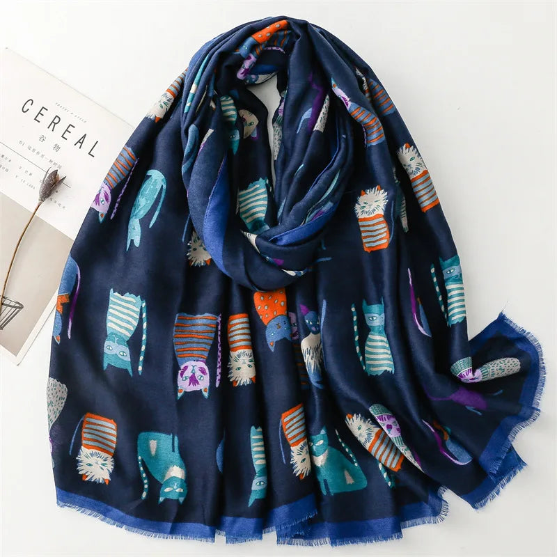 Luxury Brand New Women Winter Autumn Scarf Casual Soft Cotton and Linen Fashion Cats Prints Warm Long Shawls Scarves 2023